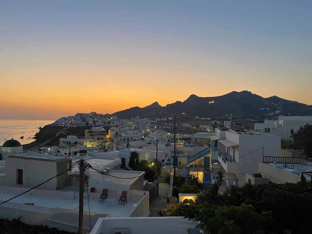 A view of the villages of Naxos at sunset. 