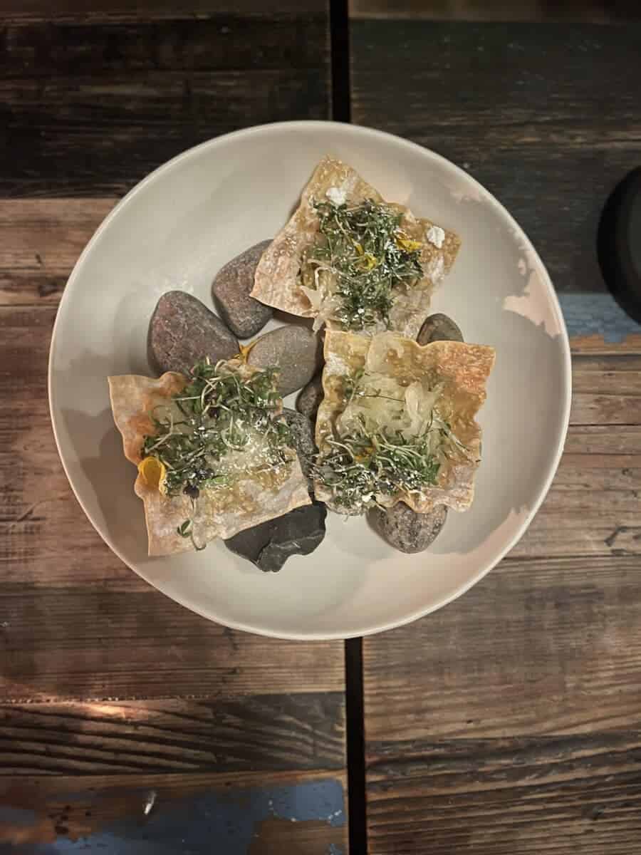 A creative dish from Host in Copenhagen featuring black and traditional taro chips topped with translucent jelly and microgreens, served in a round white bowl.