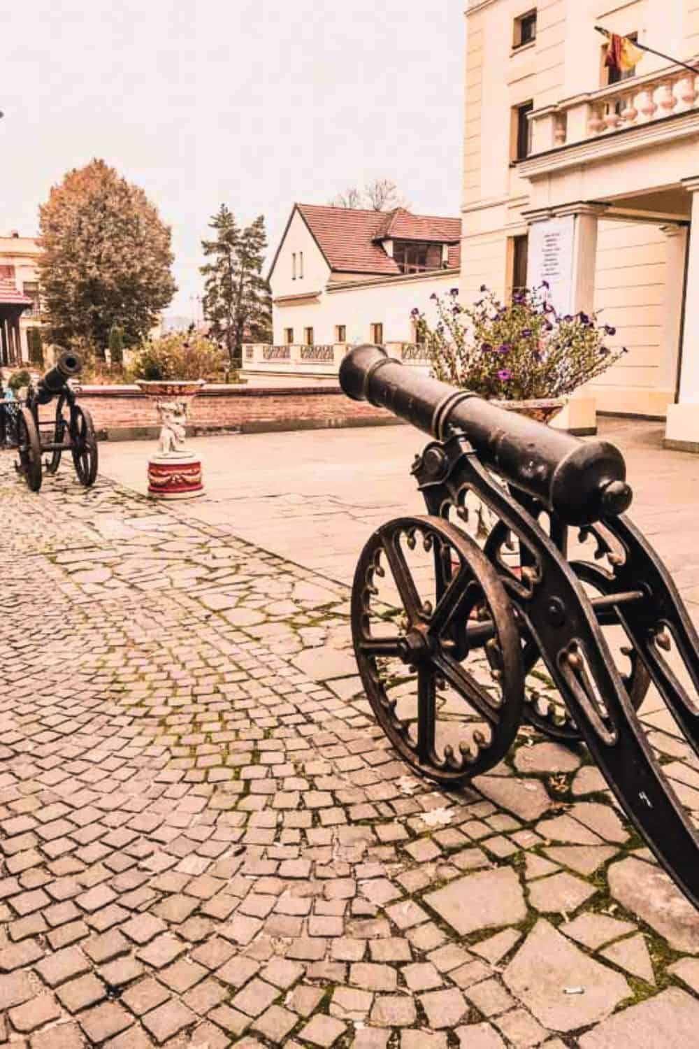 A spacious cobblestone town square surrounded by colorful historic buildings under a soft sky, with a statue of a figure in a cloak at the center.