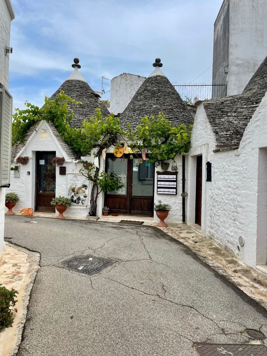 A picturesque trullo-style building in Alberobello, Italy, featuring traditional conical stone roofs and whitewashed walls. The charming structure is adorned with lush green vines, potted plants, and hanging decorations. The entrance has wooden doors and a small signboard, indicating it may be a shop, café, or restaurant. The narrow, slightly cracked road leading up to the building enhances the rustic charm of the scene, while the sky is lightly clouded, casting soft natural light on the surroundings.