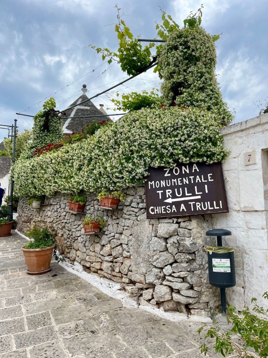A picturesque stone pathway leading to the 'Zona Monumentale Trulli' in Alberobello, Italy. A brown sign with white lettering directs visitors to the historical area and the 'Chiesa a Trulli' (Trulli Church). A rustic stone wall, adorned with lush green vines and blooming white flowers, adds to the charm of the setting. Small terracotta pots with plants are placed along the base of the wall. In the background, the characteristic conical roofs of the trulli houses peek above the greenery. The sky is cloudy, casting a soft, diffused light over the tranquil scene.
