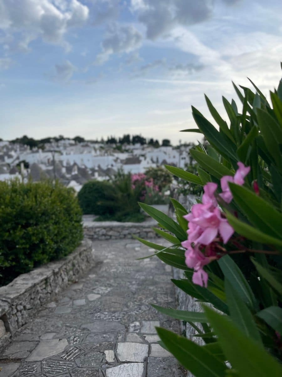 A scenic stone pathway in Alberobello, Italy, surrounded by lush greenery and pink flowers in the foreground. The path leads towards a panoramic view of the town’s iconic whitewashed trulli houses with conical roofs, nestled among trees under a soft blue sky with wispy clouds. The image captures a peaceful and picturesque atmosphere, blending natural beauty with historic charm.