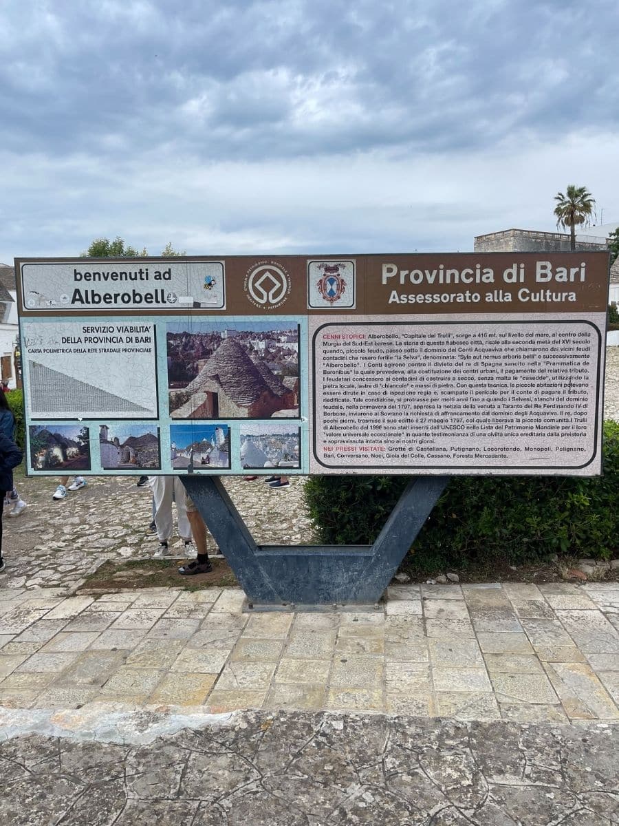 An informational sign welcoming visitors to Alberobello, a UNESCO World Heritage site in the Province of Bari, Italy. The sign provides historical context about the town, known as the 'Capital of the Trulli,' and includes images of the unique conical-roofed houses that define the area. The text explains Alberobello’s architectural heritage and mentions nearby attractions such as Castellana Caves and Polignano. Several tourists are visible walking in the background on a stone-paved path under an overcast sky.