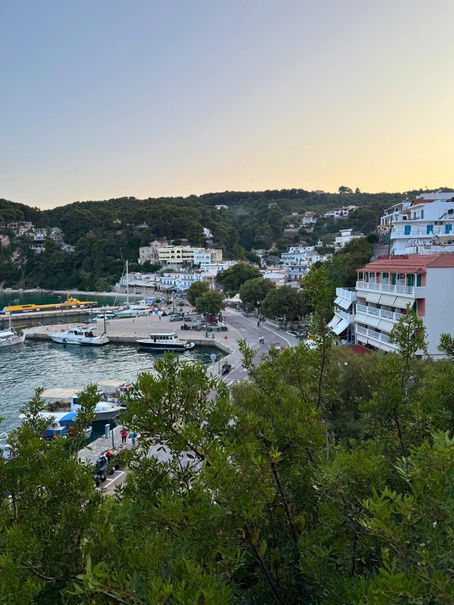 Evening view of the Alonissos harbor with boats docked along the waterfront, surrounded by hillside buildings and lush greenery under a fading sky.