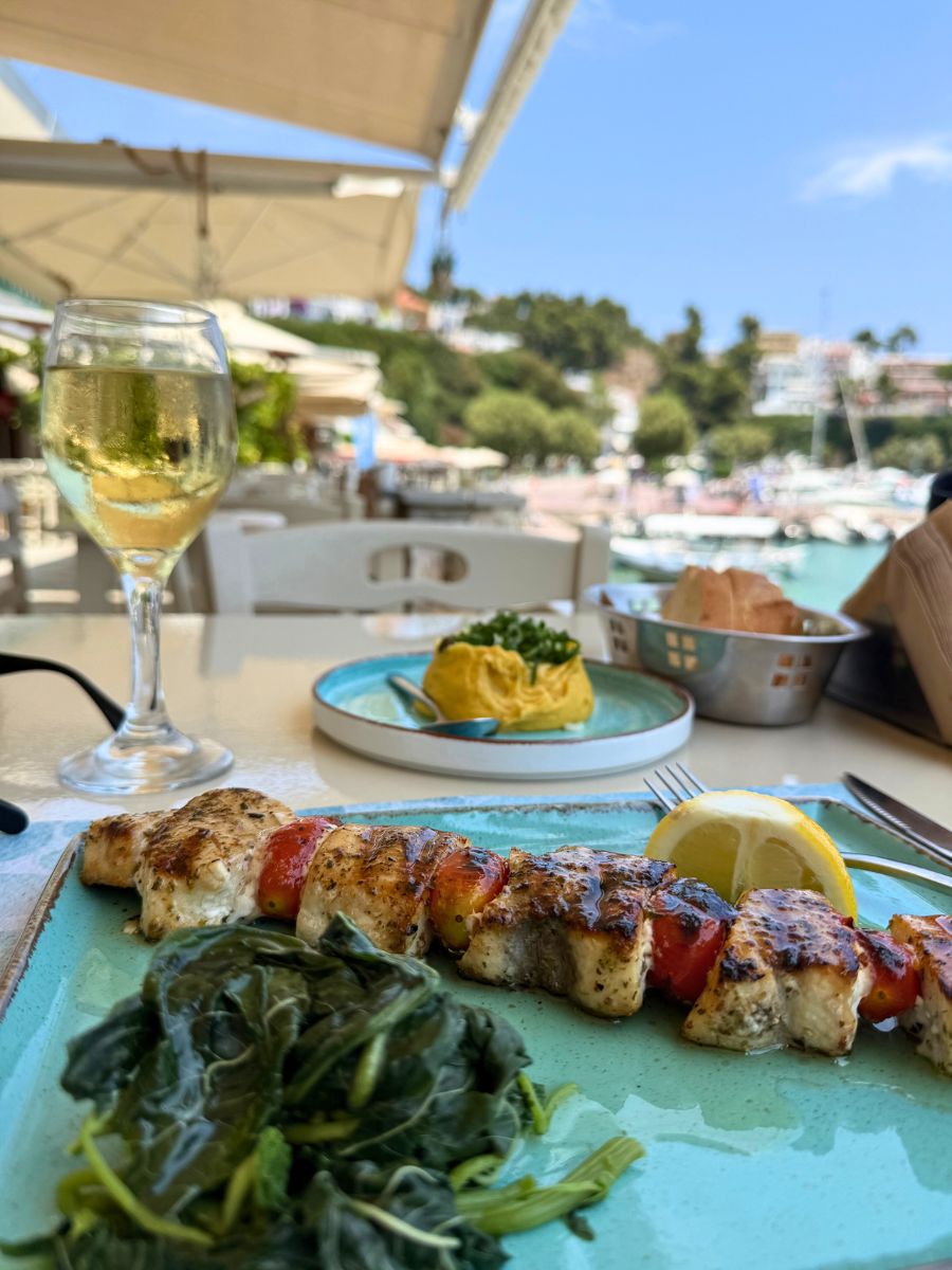Grilled fish skewers with greens and lemon on a turquoise plate, served at an outdoor seaside restaurant in Alonissos, Greece, with a glass of white wine and boats docked in the sunny harbor in the background.