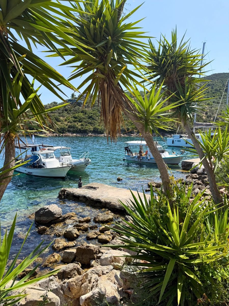 Scenic view of small boats anchored in crystal-clear turquoise waters, framed by lush palm-like trees and rocky shoreline in Alonissos, Greece.