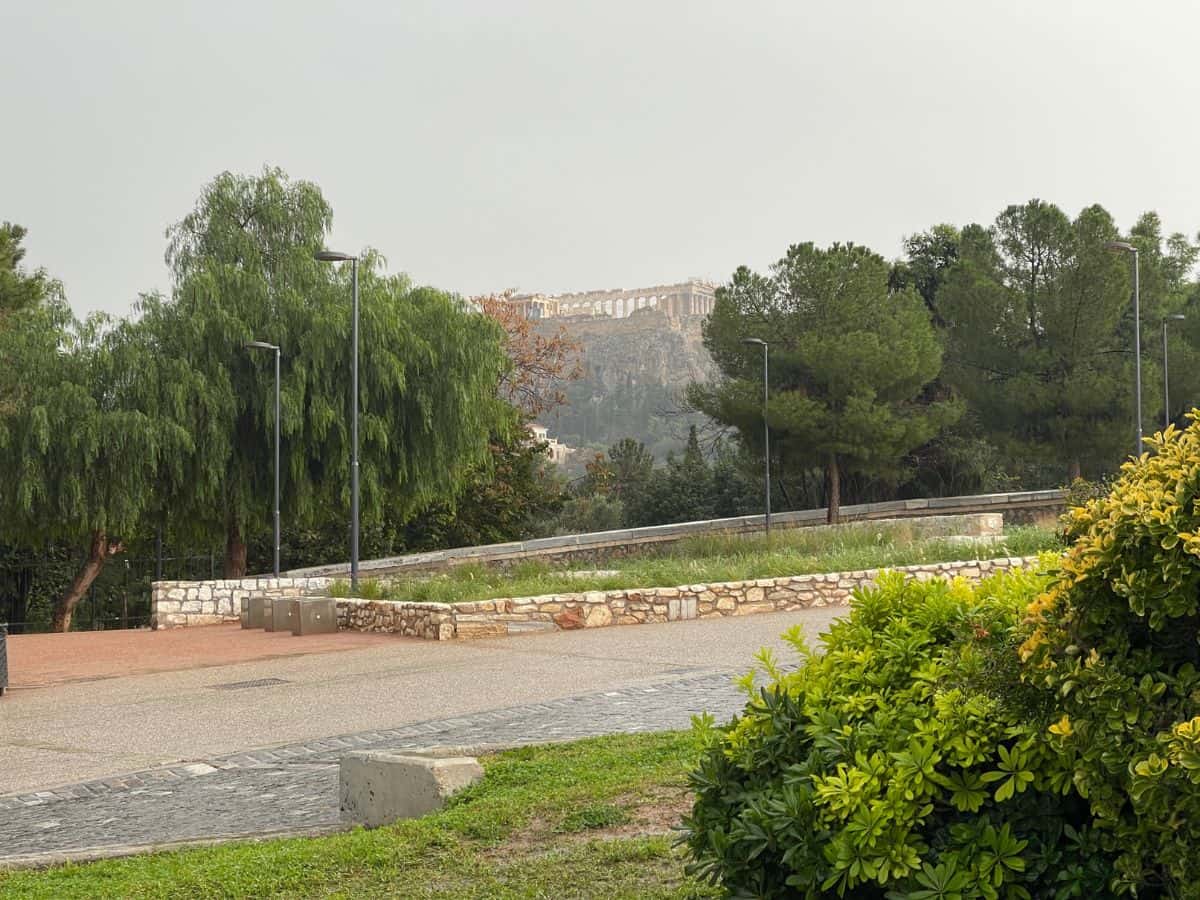 Rainy day in Athens in December with the view of the Acropolis in the distance