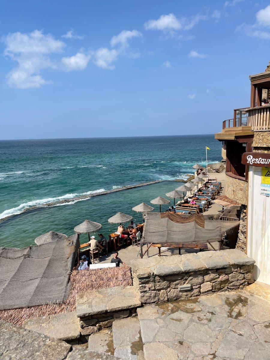 Outdoor dining area at Azenhas do Mar restaurant overlooking the sparkling blue Atlantic Ocean, with umbrellas shading tables right by the water.