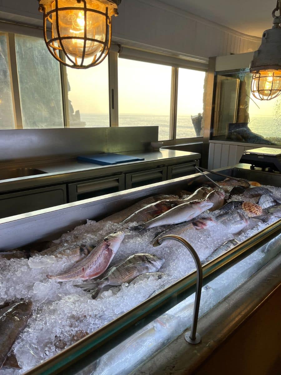 Freshly caught fish arranged on ice inside the seafood counter at Azenhas do Mar restaurant, overlooking the ocean.
