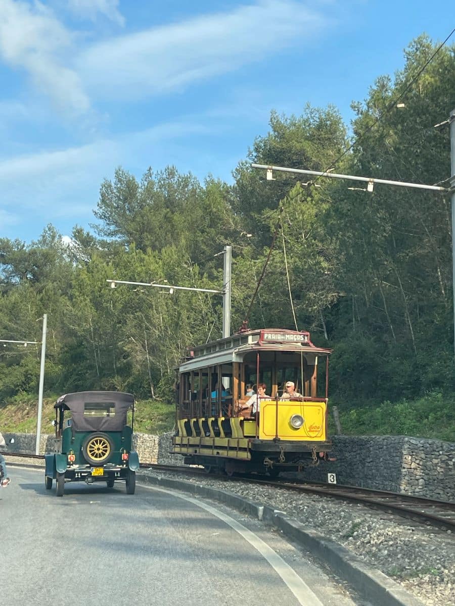 A picturesque moment with a vintage green car driving parallel to a classic yellow tram along a scenic road surrounded by trees.