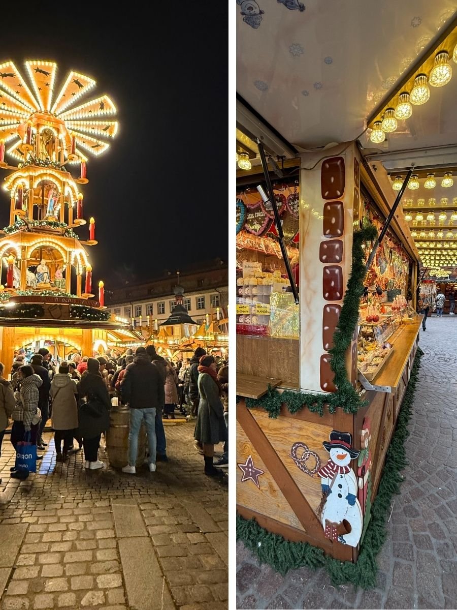 A side by side pictures of christmas markets in Bamberg and Heidelberg.