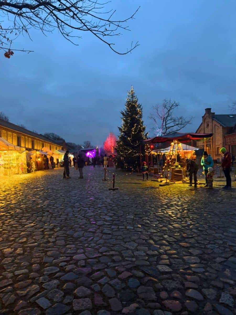A wide view of the Britz Castle Christmas Market, with glowing market stalls, a large Christmas tree, and families enjoying the festive ambiance on cobblestone streets.