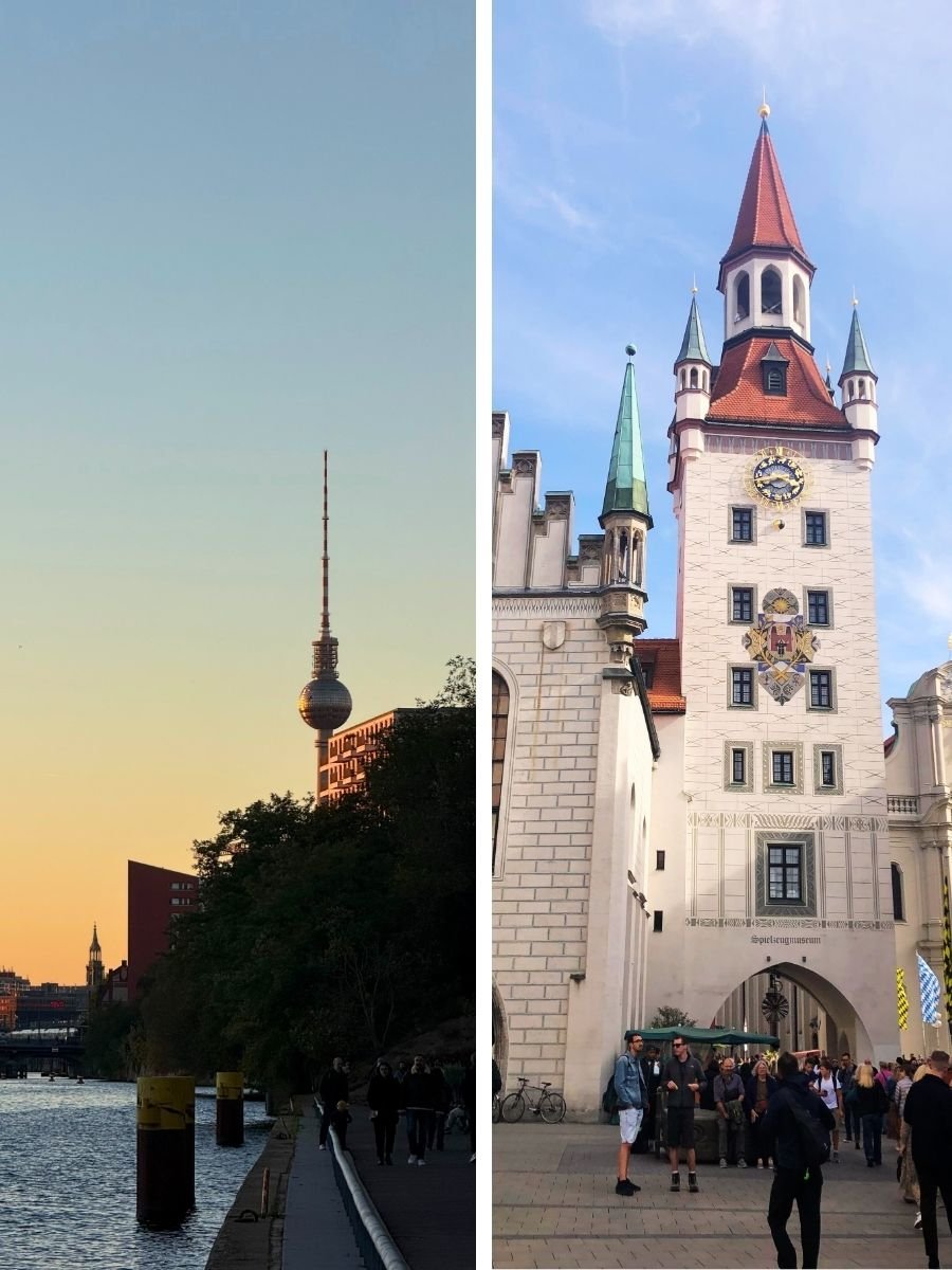 Side-by-side comparison photo of Berlin and Munich — the left shows Berlin’s TV Tower at sunset along the Spree River, while the right features Munich’s Old Town Hall with its red spire and clock tower under a bright blue sky.
