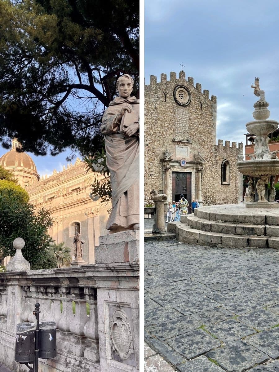 Two images showcasing notable locations in Sicily. The left image features a statue in front of a grand baroque building with a dome, surrounded by lush trees in Catania. The right image depicts a medieval stone church with a rustic clock and a decorative stone fountain in front, located in Taormina.