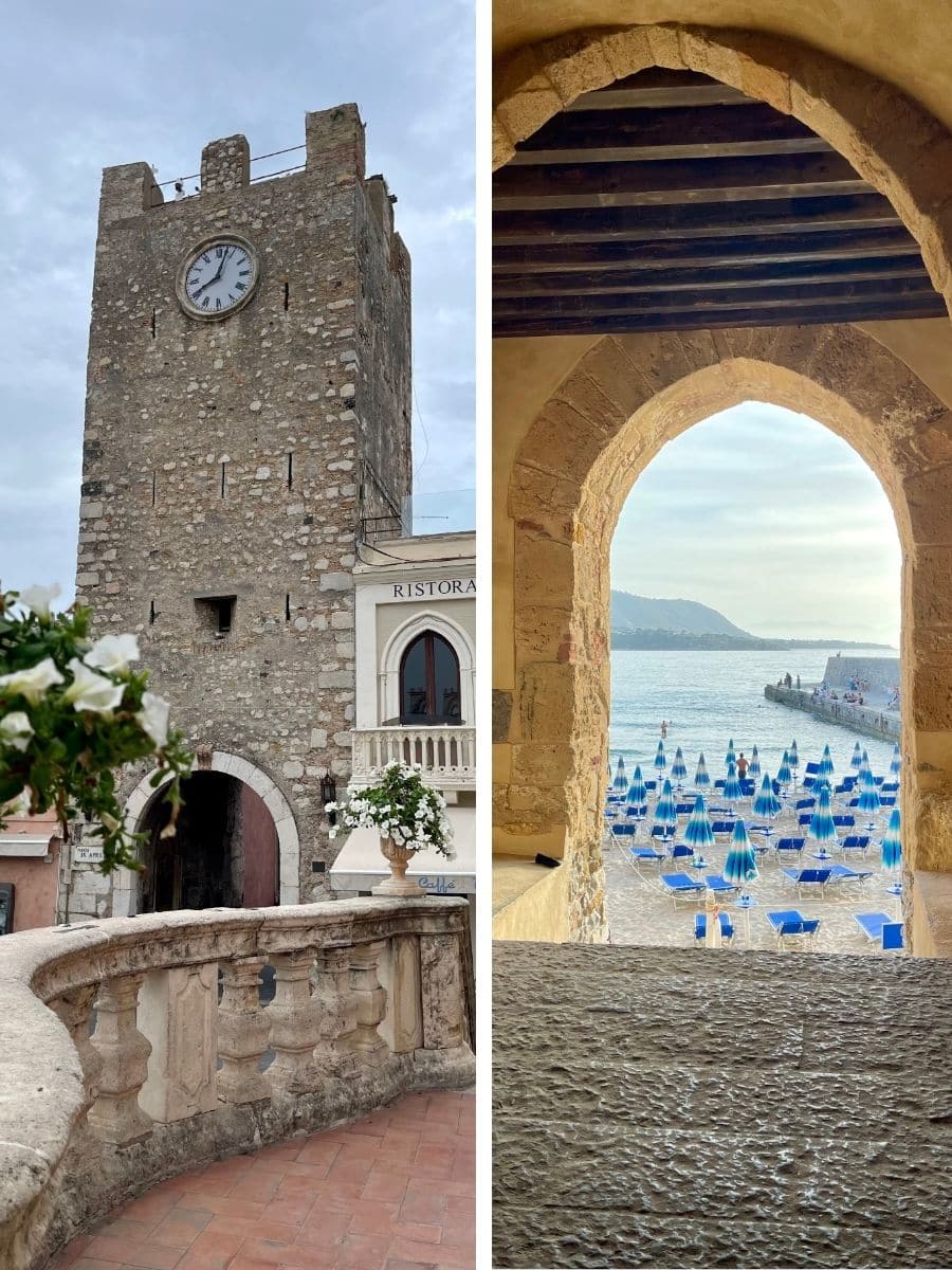 A side-by-side image of Taormina and Cefalù, Sicily—on the left, a historic stone clock tower in Taormina, and on the right, a seaside view of Cefalù beach framed by an arched stone window.