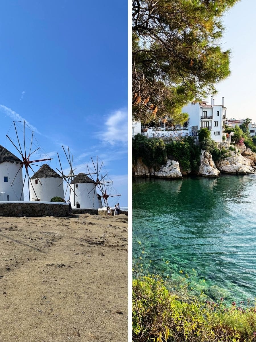 Side-by-side photo comparison of Greek islands. Left: Iconic windmills on the arid landscape of Mykonos in the Cyclades. Right: Lush greenery and white buildings perched above emerald water in the Sporades, Skiathos.