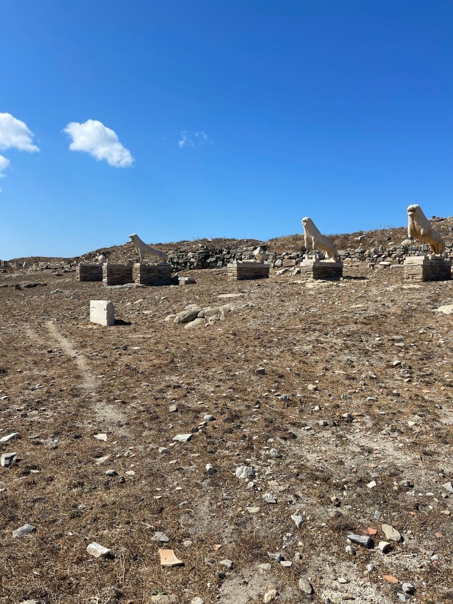 Ancient ruins on the island of Delos, Greece, featuring the iconic Terrace of the Lions statues. The weathered stone lion statues are positioned on raised pedestals overlooking a barren, rocky landscape under a bright blue sky with a few scattered clouds.