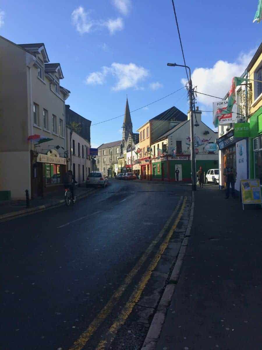 the empty street and colorful buildings in Galway