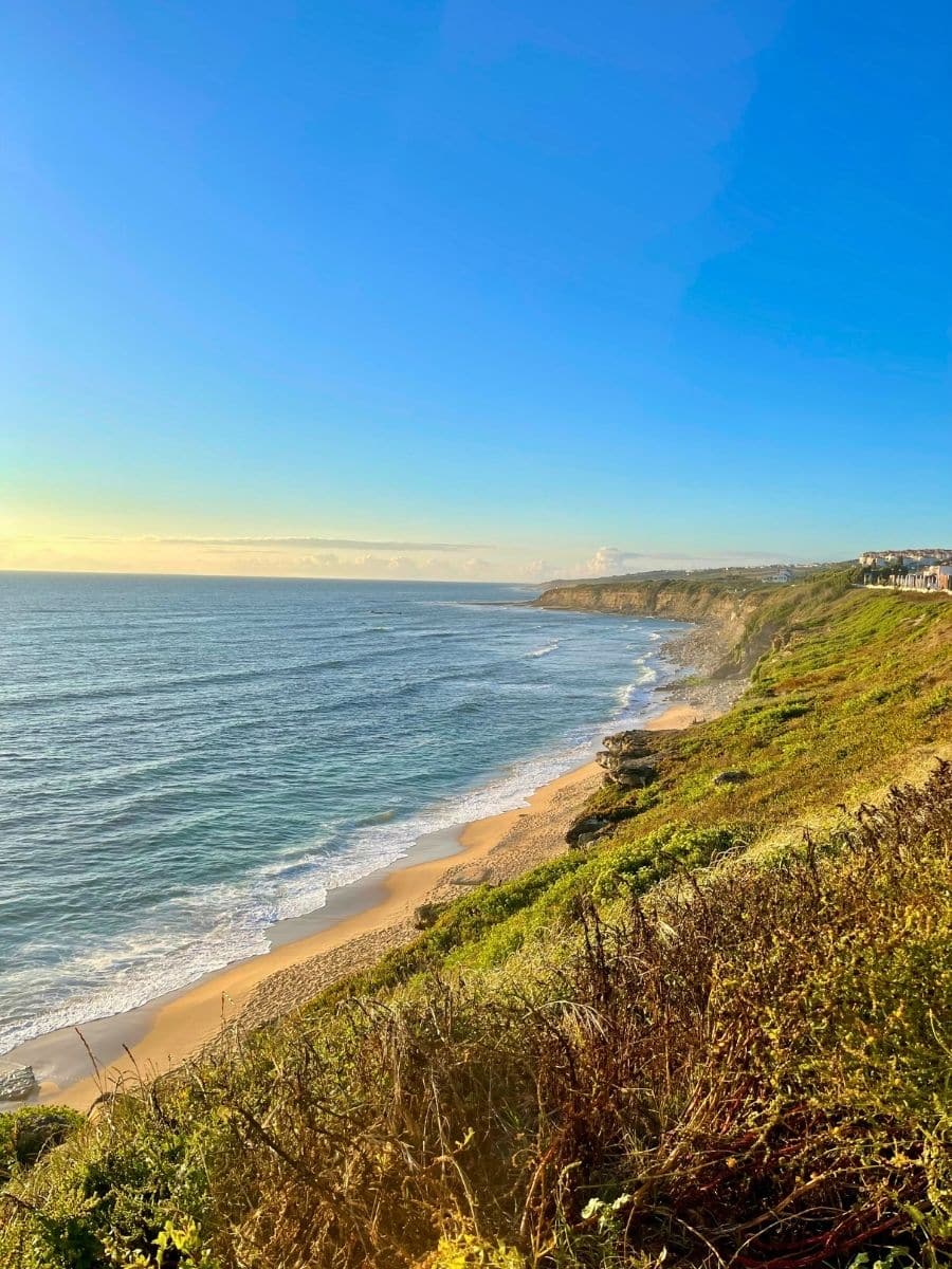 A breathtaking view of the coastline in Ericeira, Portugal, with golden sandy beaches stretching along the base of dramatic cliffs. The deep blue Atlantic Ocean meets the shore in gentle waves, while the sun casts a warm glow over the landscape. Lush green vegetation covers the cliffside, contrasting with the rugged rocks. In the distance, a few houses perch on the cliff edge, overlooking the sea. The clear blue sky enhances the serene and picturesque atmosphere of this coastal paradise.