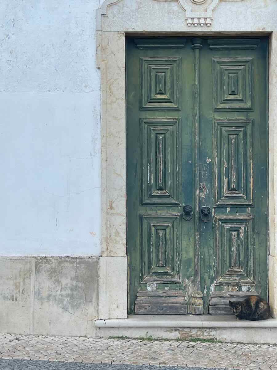 A rustic green wooden door with intricate paneling and weathered paint in Faro, Portugal, framed by a stone doorway, with a cat resting quietly on the doorstep.