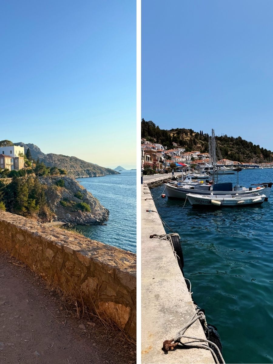 A split frame image of Hydra and Poros, Greece.