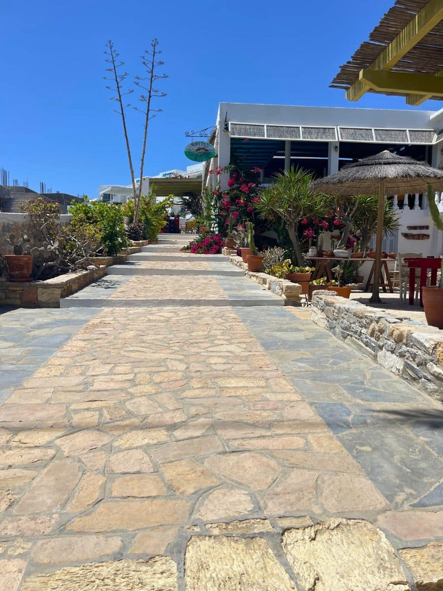 A charming stone-paved alley lined with cafes and shops, decorated with vibrant flowers and greenery under a bright blue sky.