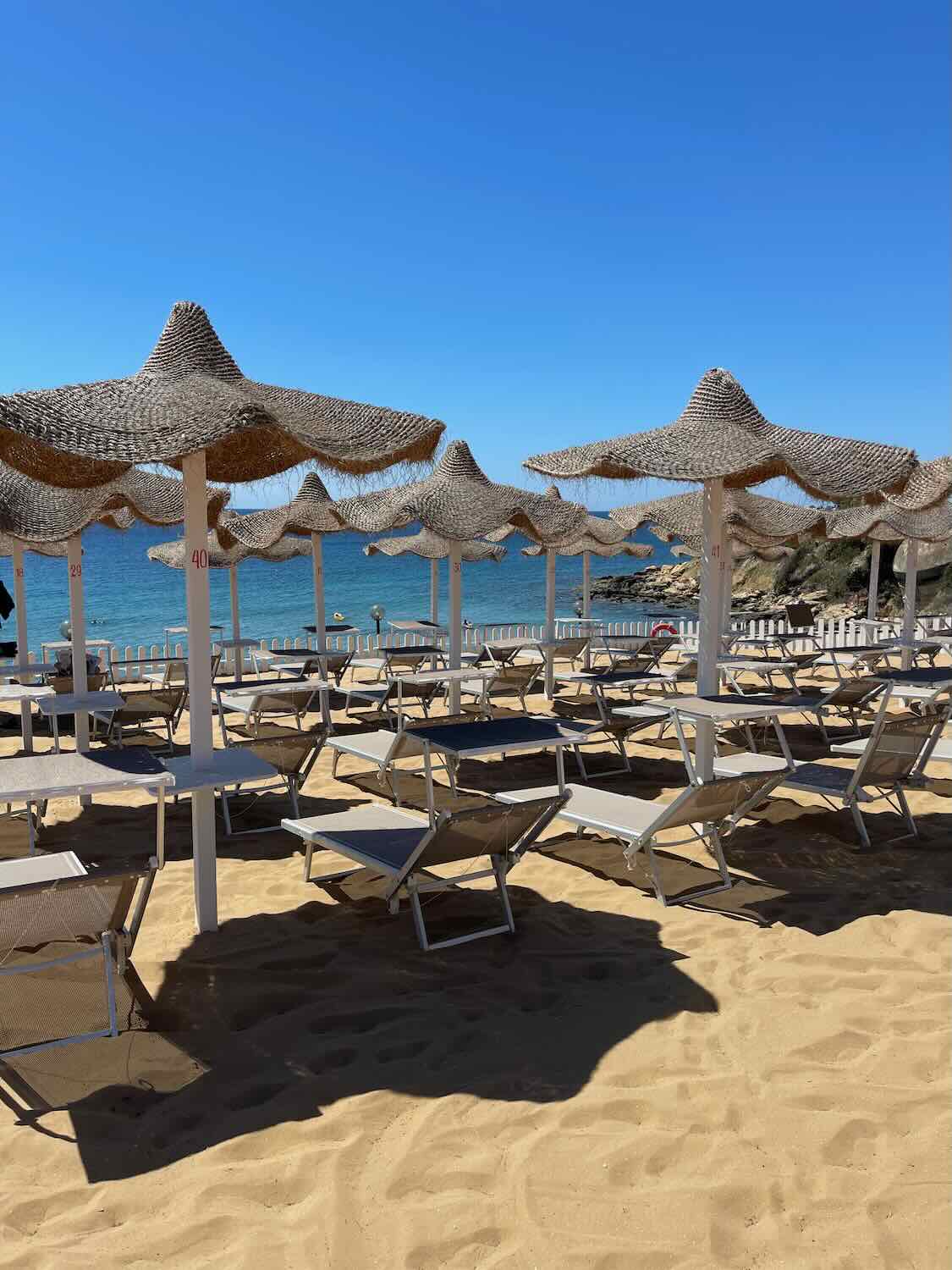 A beach club area with numerous beach chairs and straw umbrellas arranged in rows on the sandy beach. The sea is visible in the background, and the sky is bright blue and cloudless.