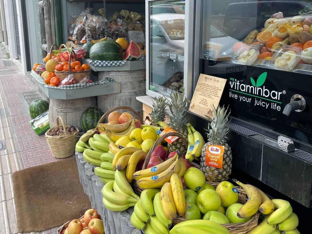 an array of fruit at a small market you can find living in Athens. 