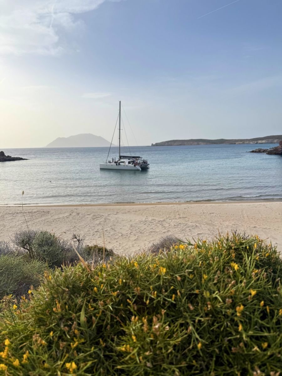 A peaceful beach scene on the island of Milos, Greece, with a white sailboat anchored in the calm turquoise bay. In the foreground, yellow wildflowers and coastal shrubs frame the sandy beach, while distant rocky islets and a hazy mountainous island rise on the horizon beneath a pale blue sky.