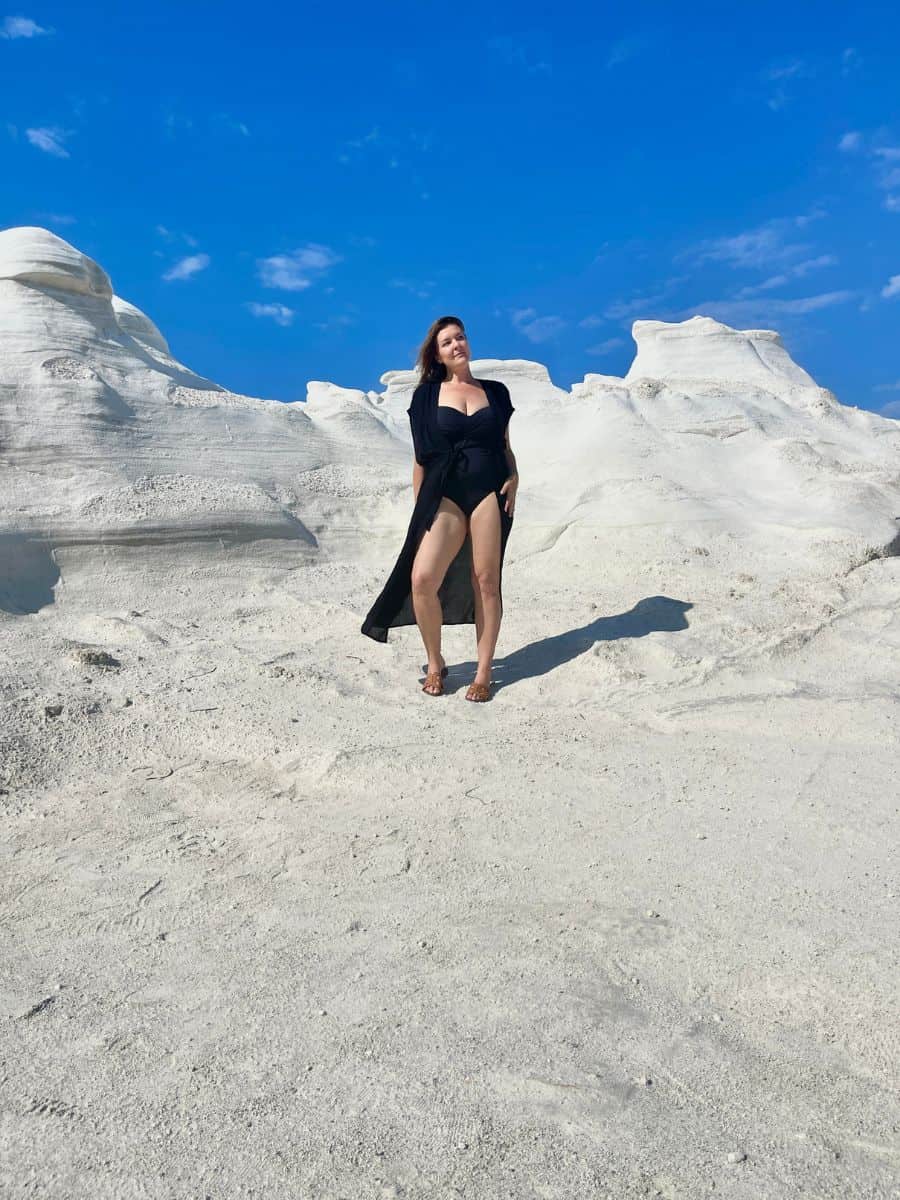 A woman in Milos at Sarakiniko Beach