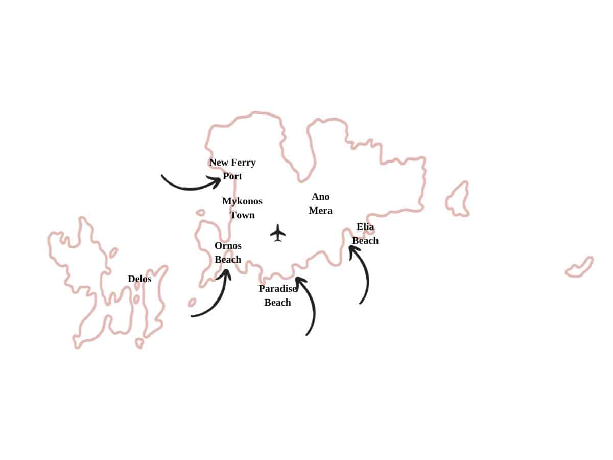 A map of Mykonos with main points on the island marked off. 