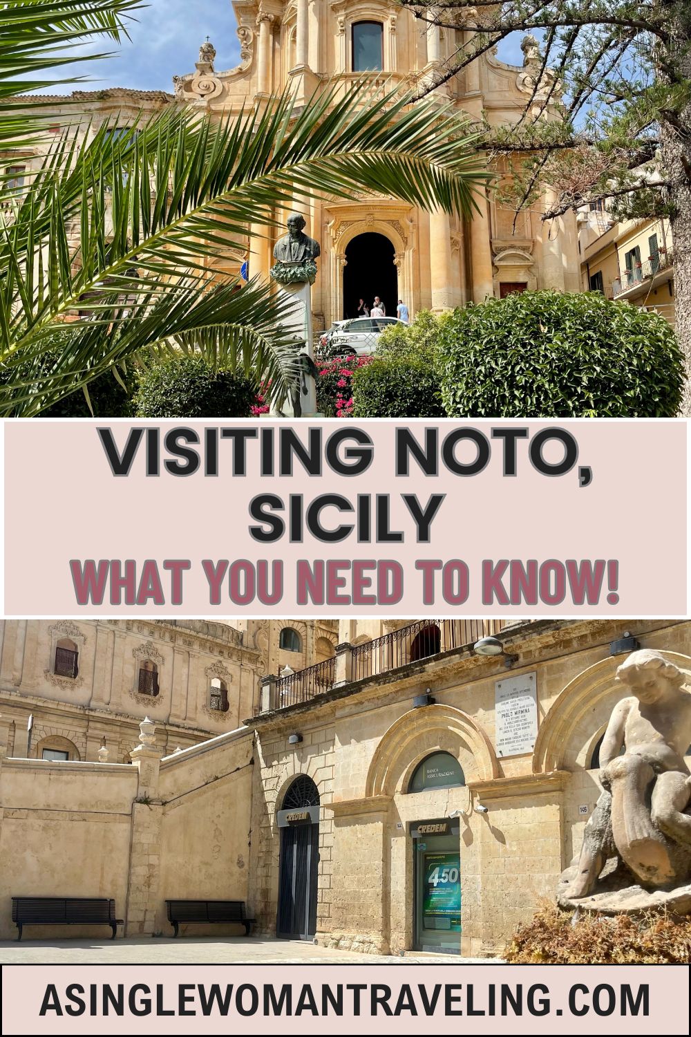 Historic architecture and a statue in Noto, Sicily, with a bright blue sky.