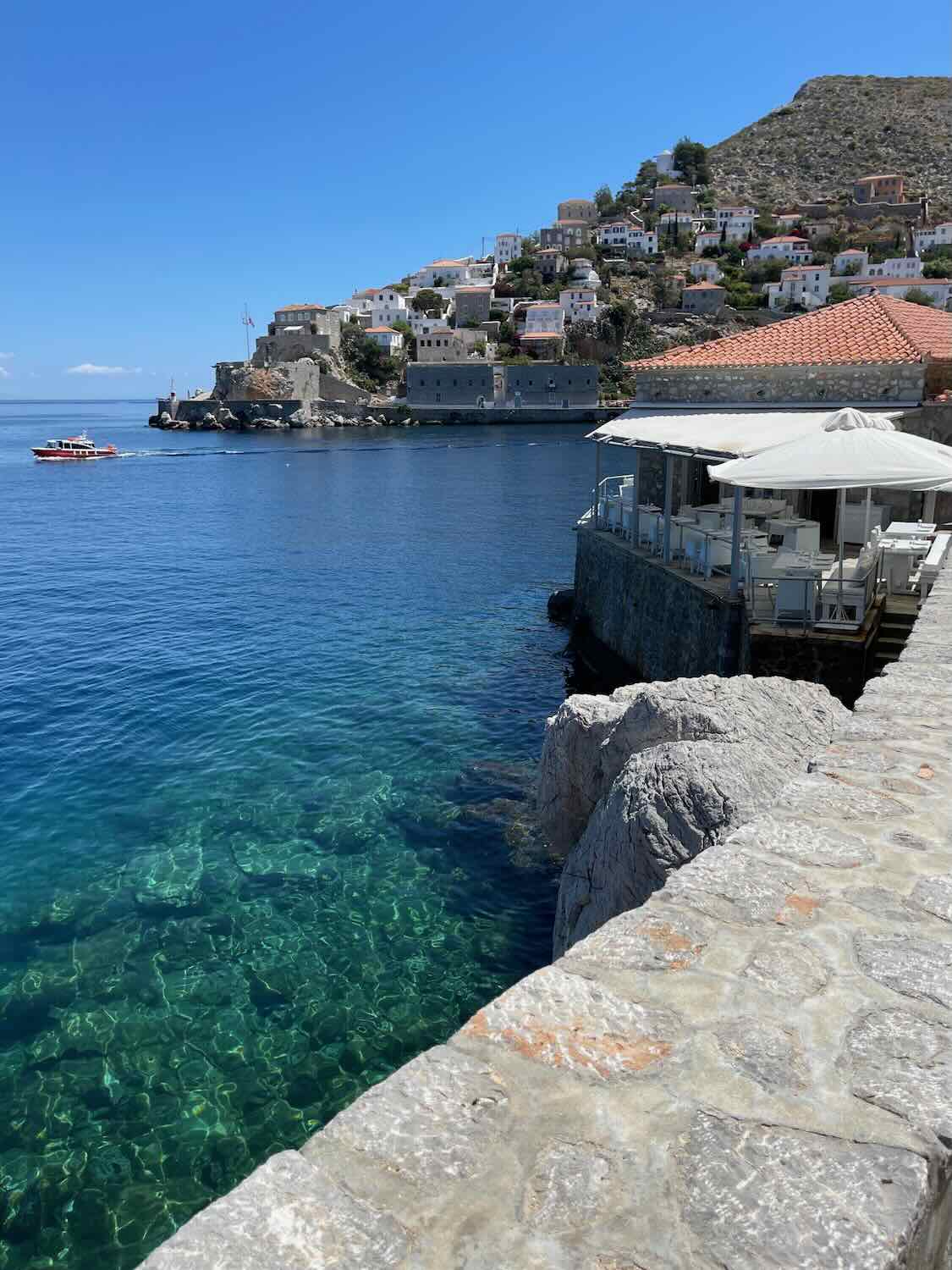 Greek island of Hydra and view of a restaurant
