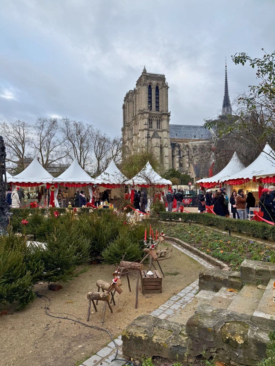A picturesque view of the Notre Dame de Paris standing tall amidst the festive charm of the Christmas market. White-tented stalls adorned with red ribbons and decorations create a cozy holiday atmosphere, while small wooden reindeer and candles add a rustic touch in the foreground. A delightful blend of history and holiday spirit in the heart of Paris.