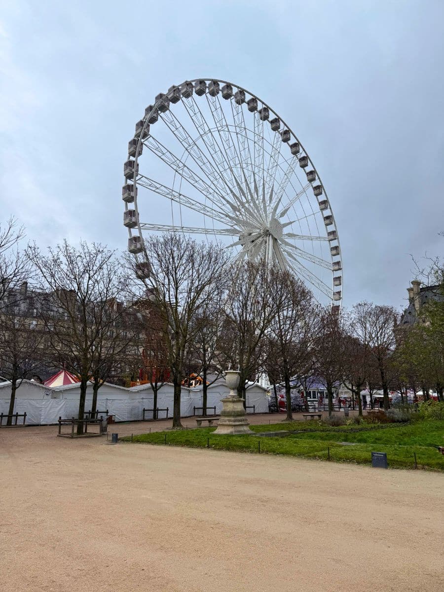 A large Ferris wheel stands tall against a cloudy sky in a Parisian park, surrounded by bare winter trees. Below, festive market stalls and a colorful carousel hint at a lively Christmas market setting. The scene captures a serene yet festive holiday atmosphere.