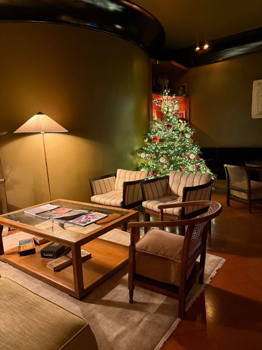 A cozy lobby in a dog-friendly Paris hotel decorated with a Christmas tree, offering a relaxing atmosphere for guests and their pets.