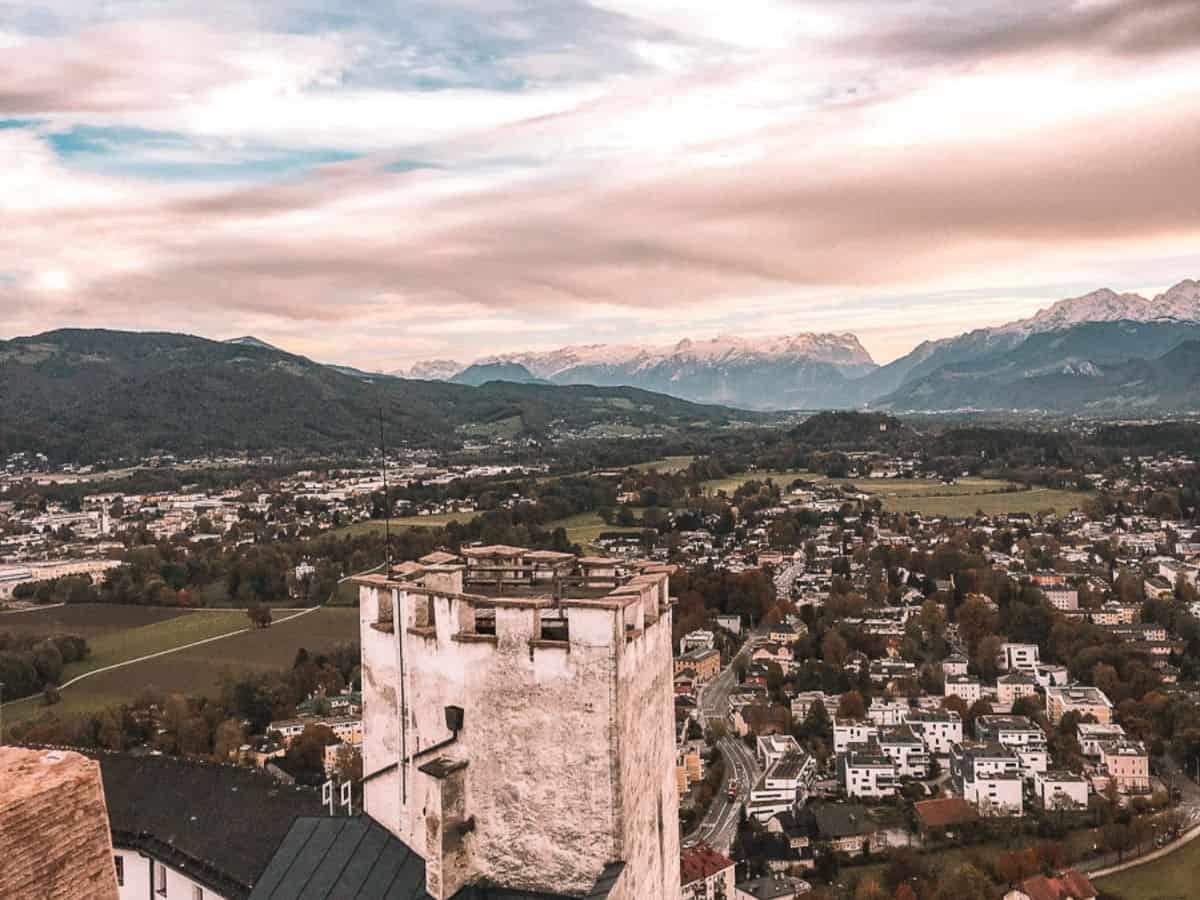 The view of the mountains from atop of the fortress in Salzburg Austria