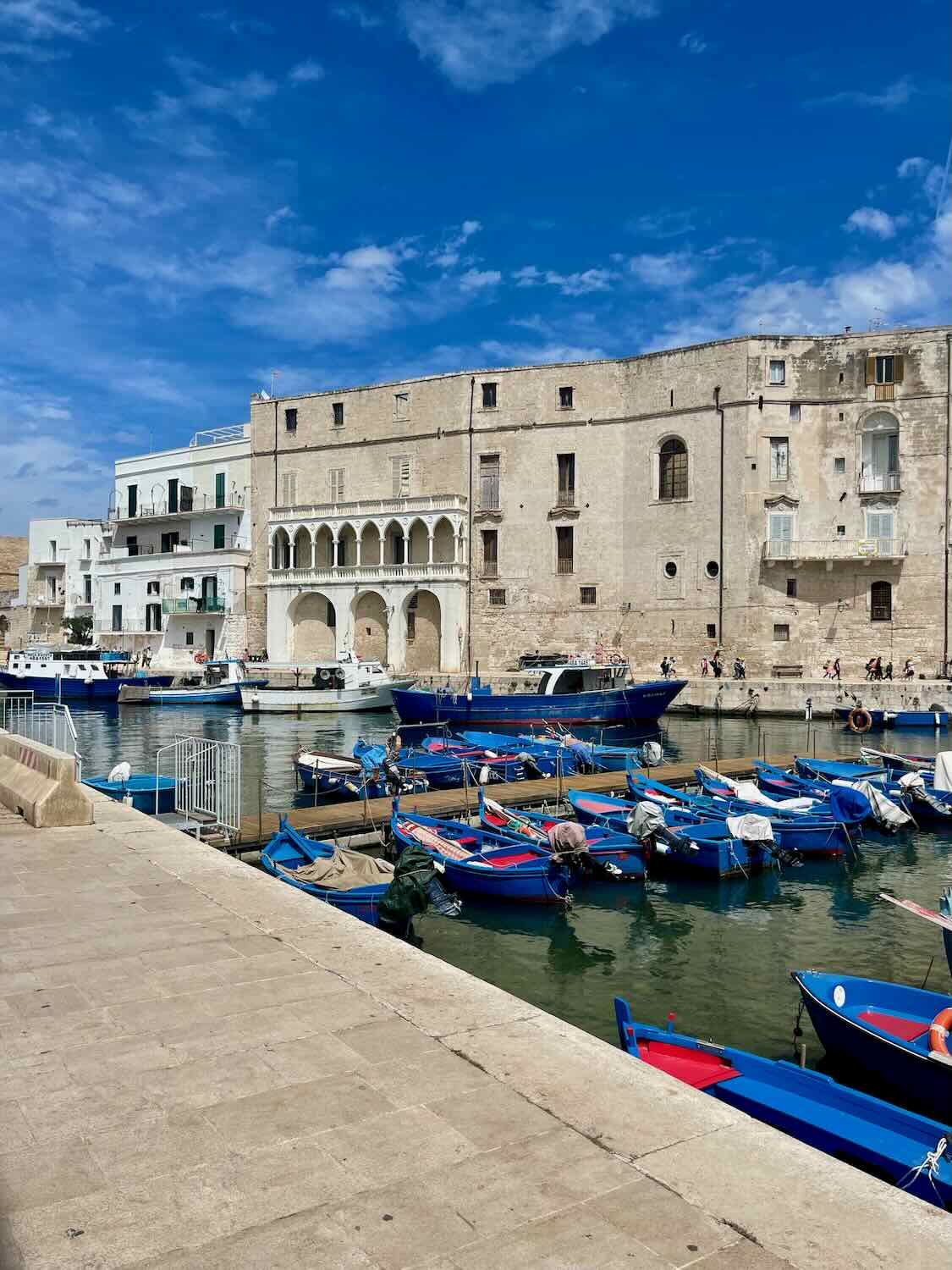 Picturesque harbor in Monopoli, Italy, featuring vibrant blue fishing boats docked along the clear waters, with historic stone buildings and a bright blue sky in the background.