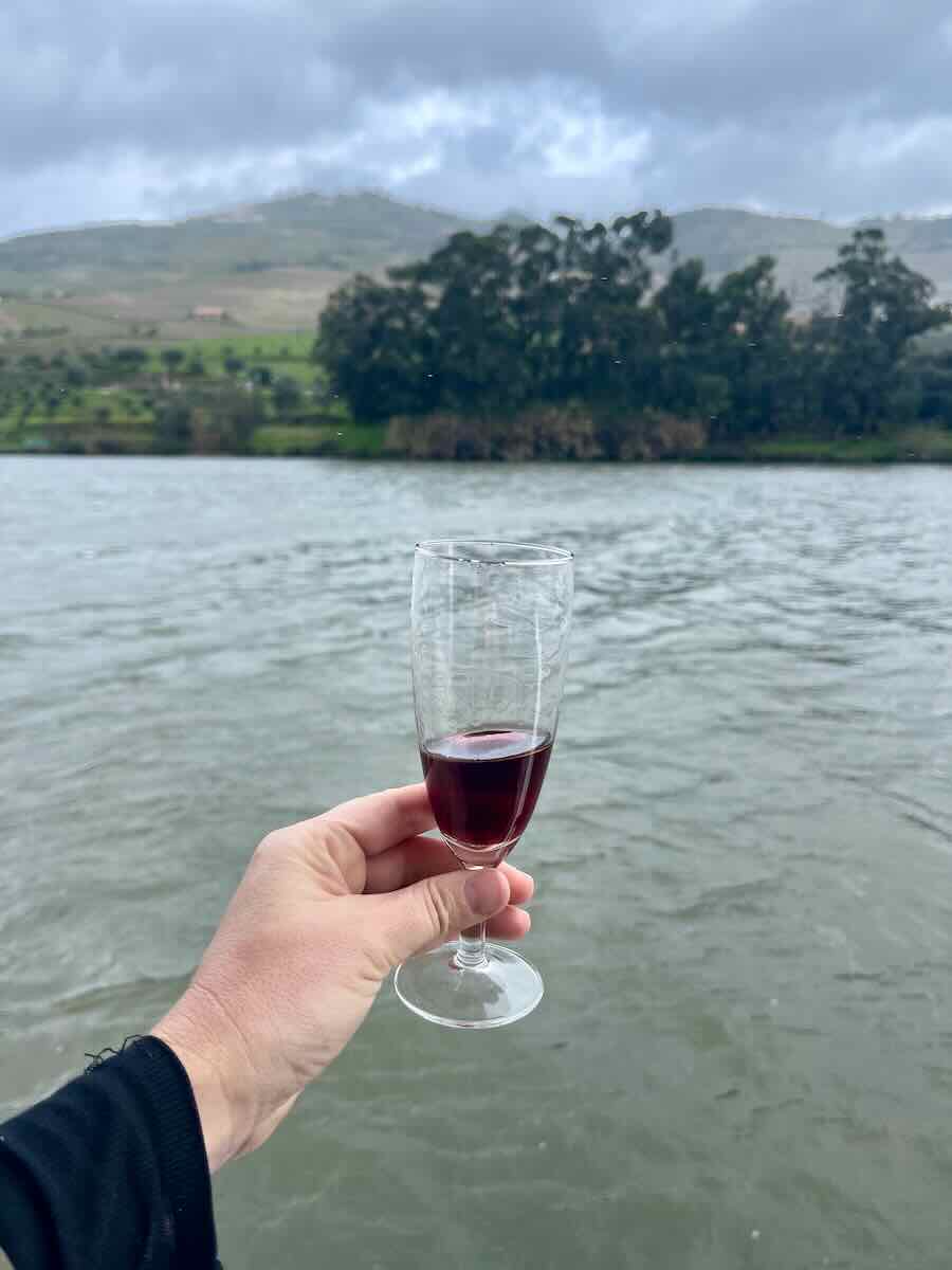 A hand holding a glass of rich red wine, with the Douro River and rolling hills in the background. The scene captures the essence of wine tasting in the famous Porto region, with lush greenery and vineyards creating a serene atmosphere.