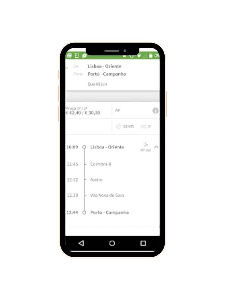 A phone displaying train schedules from 'Lisboa - Oriente' to 'Porto - Campanha' with times, prices, and options for different train types on a green-themed app interface.