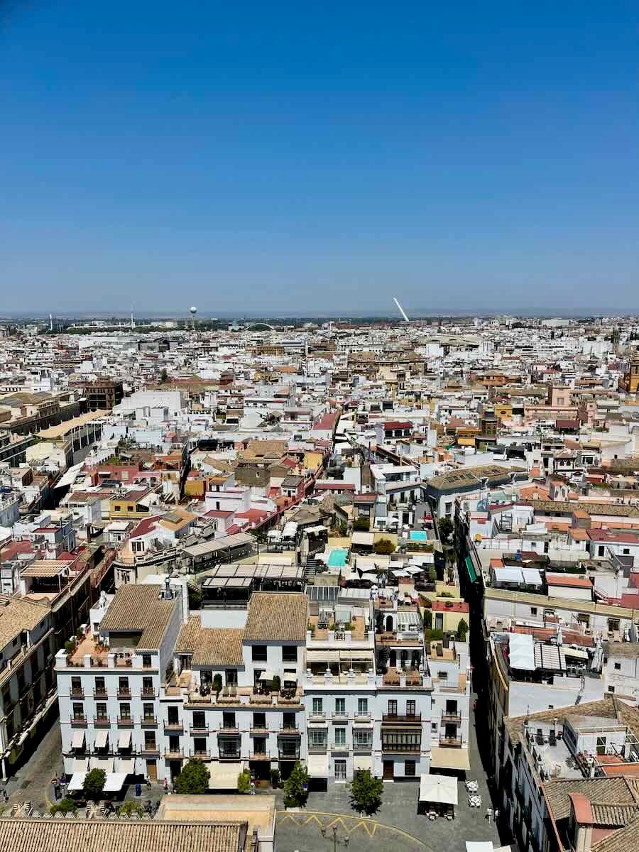 A panoramic view of Seville, Spain, taken from a high vantage point. The image shows a vast expanse of buildings with traditional Spanish architecture, with a clear blue sky above.