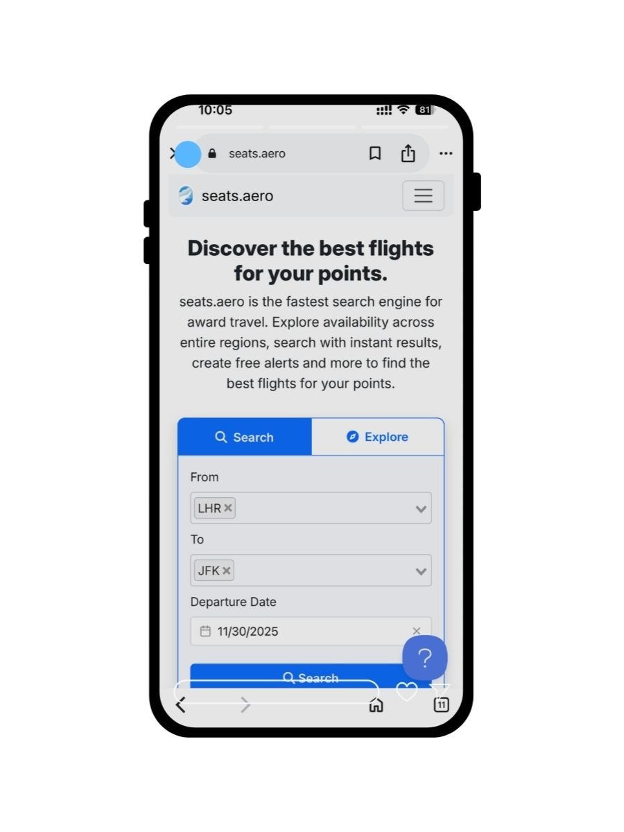 Screenshot of the Seats.aero website showing a search form to find award flights using points, with fields for departure, destination, and date selection.