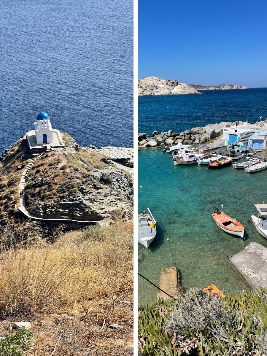 Blue-domed chapel on a rocky outcrop in Sifnos and a calm harbor with moored boats in Milos.