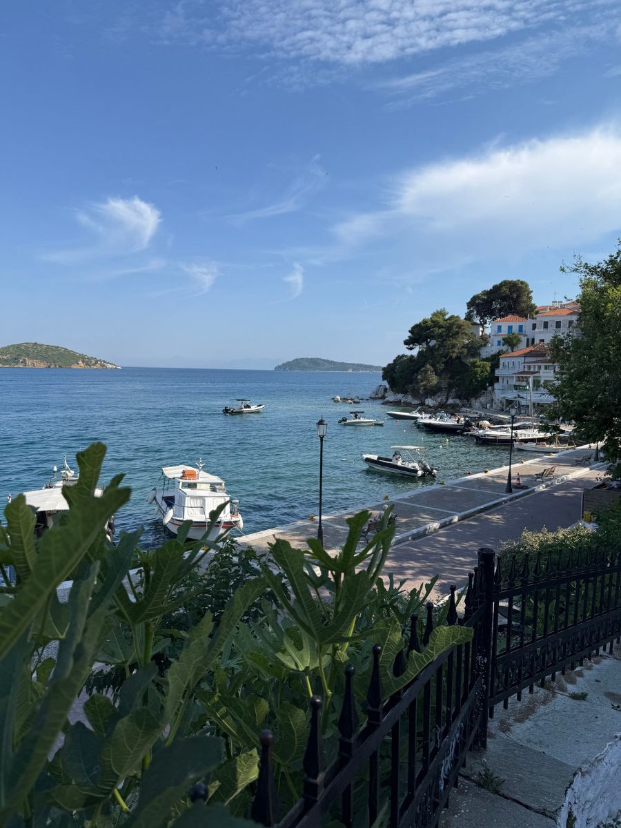 Scenic coastal view in Skiathos, Greece, featuring small boats docked along a quiet waterfront promenade. In the background are lush green islands and white buildings with red roofs nestled among trees.
