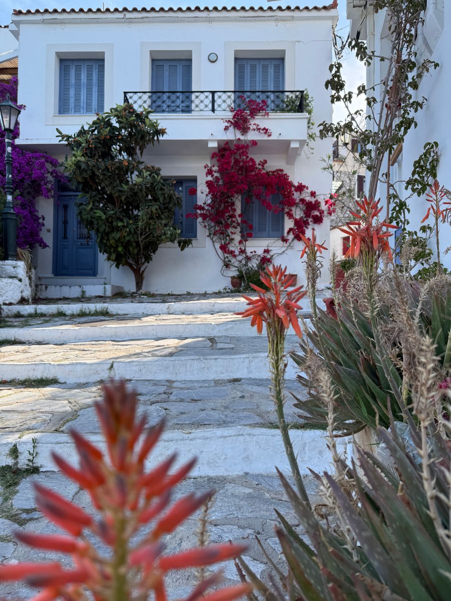 White traditional Greek house with blue shutters and balcony, framed by blooming bougainvillea, tropical plants, and stone steps in Skiathos.