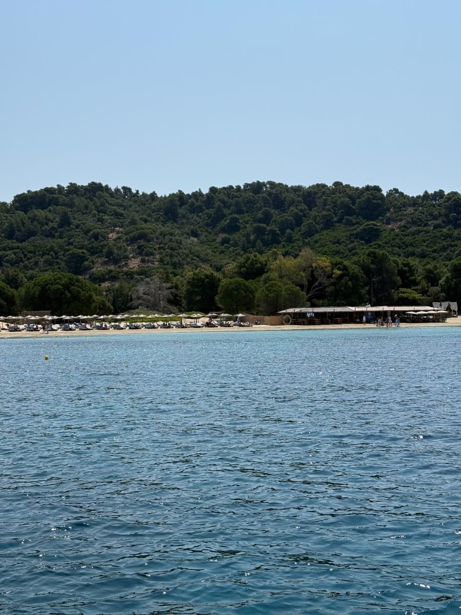 View of a serene beach on Skiathos Island, Greece, with clear blue waters in the foreground and a line of lounge chairs and umbrellas along the sandy shore. Behind the beach is a lush, green forested hill under a cloudless sky.