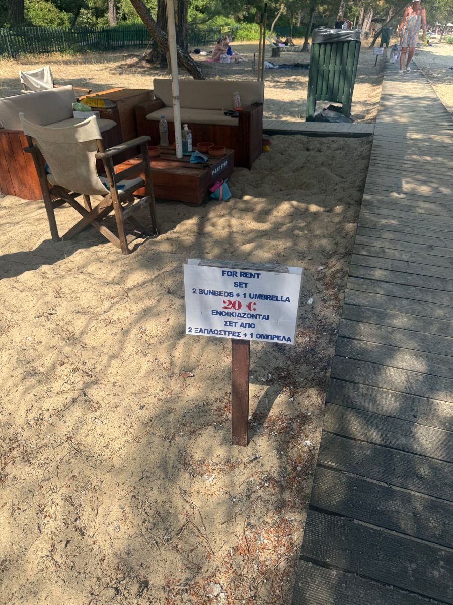A sign on the sandy beach in Skiathos advertises a beach set rental of two sunbeds and one umbrella for 20 euros, with seating and umbrellas in the background.