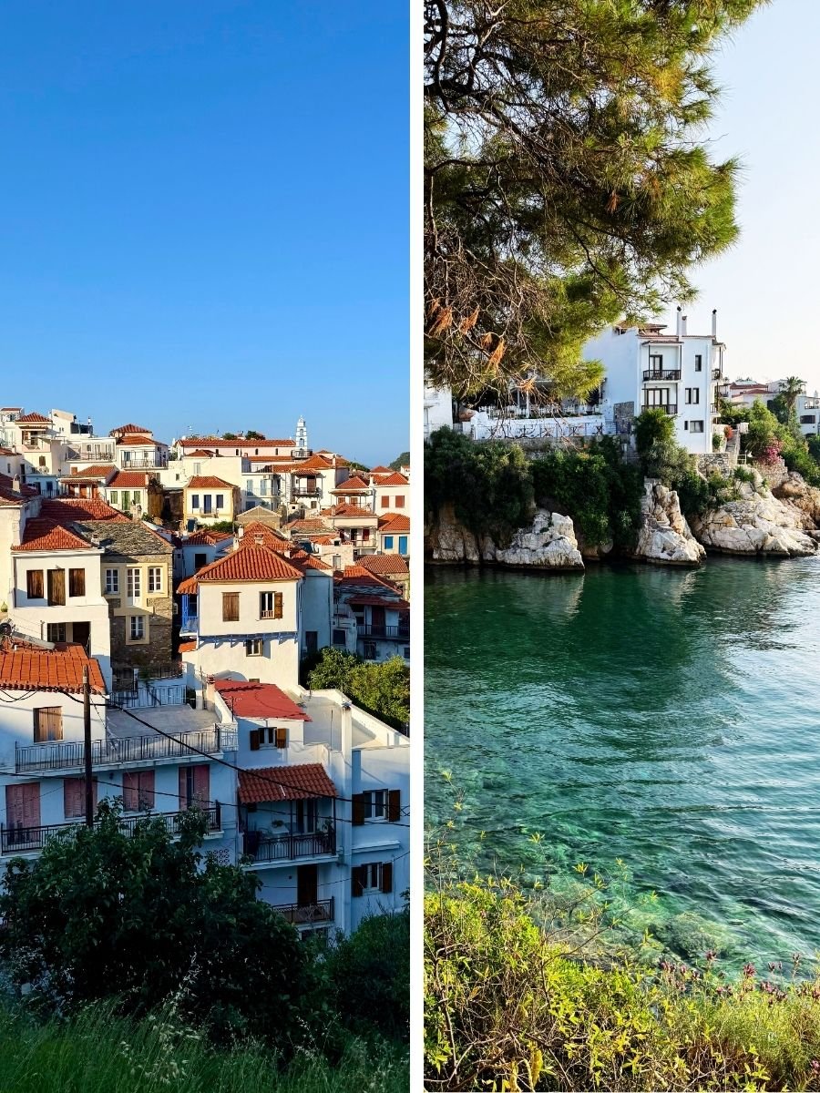 Side-by-side comparison of Greek island towns. The left image shows a hilltop view of Skiathos with tightly packed white houses topped with terracotta roofs under a clear blue sky. The right image shows a waterfront scene in Skopelos, featuring white buildings perched on rocky cliffs surrounded by lush greenery and overlooking crystal-clear turquoise water.