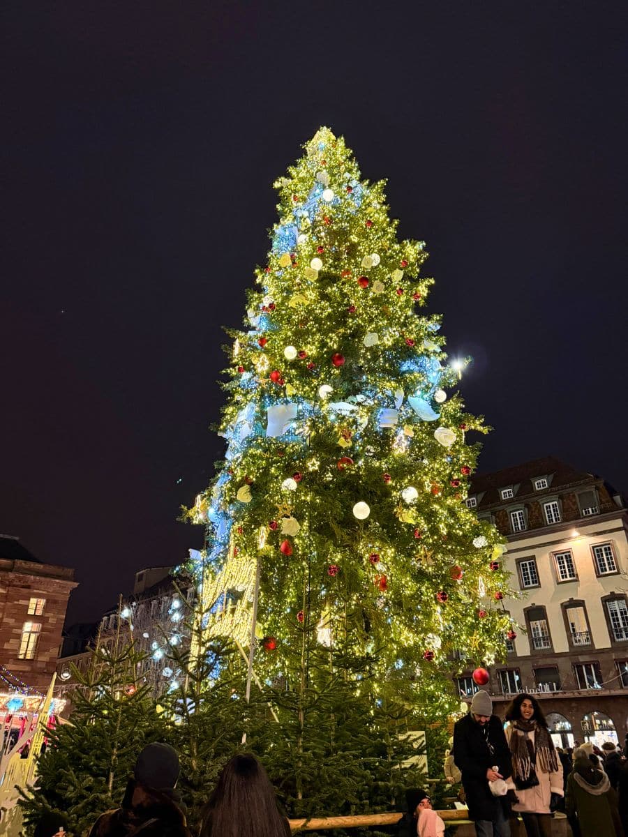 A beautifully decorated and illuminated Christmas tree towering over a festive market square. The tree is adorned with lights, red and white ornaments, and glowing decorations, creating a magical atmosphere. People are gathered around, enjoying the holiday spirit at the Strasbourg Christmas Markets.