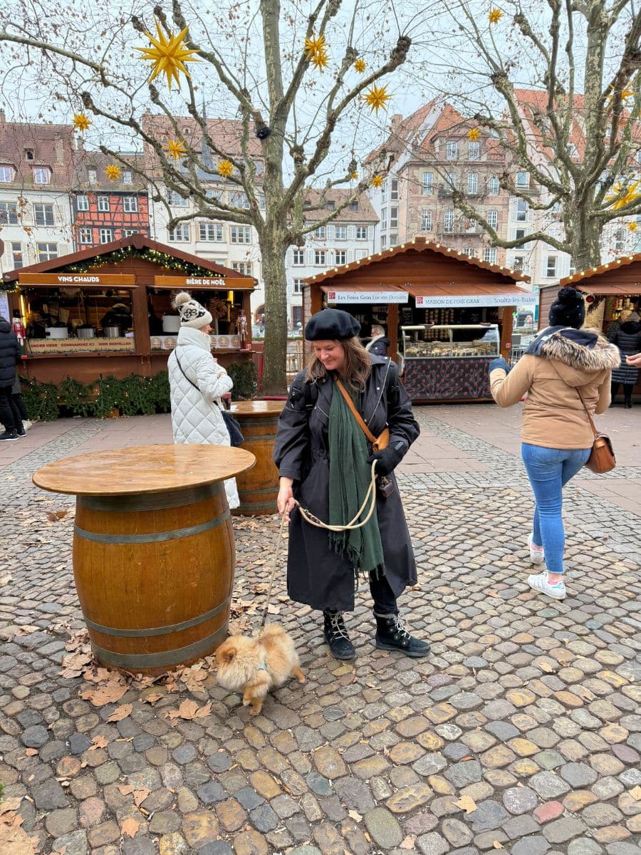 Cozy Christmas market scene in Strasbourg with a woman in a black beret and scarf walking her fluffy dog on cobblestone streets, surrounded by festive wooden stalls and golden star decorations hanging from trees.